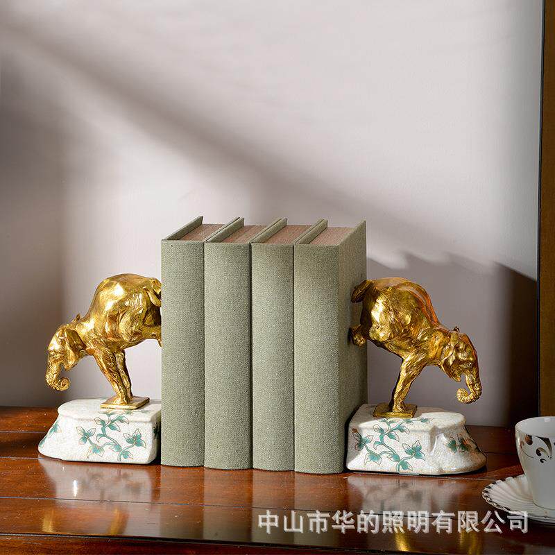 欧式全铜大象书档摆件美式装饰新古典奢华书房软装铜书靠书档