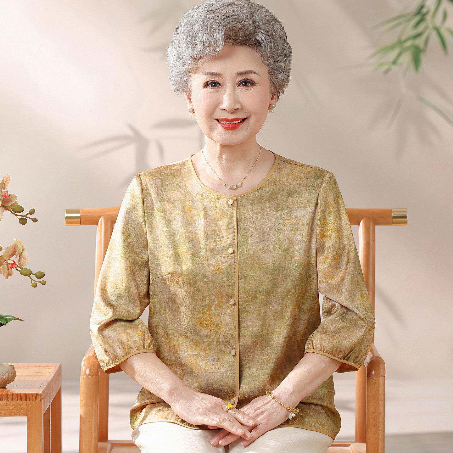 民族风中老年人衬衫女圆领夏装桑蚕丝100%套装奶奶真丝开衫上衣薄