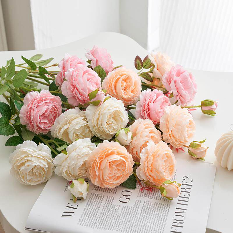 高档牡饰丹仿摆真花绢室内假花干花花餐桌花玫瑰花花束摆设家居装