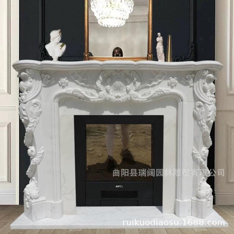 石雕壁炉大理石欧美法式客厅室内装饰柜仿真火天然汉白玉壁炉雕塑