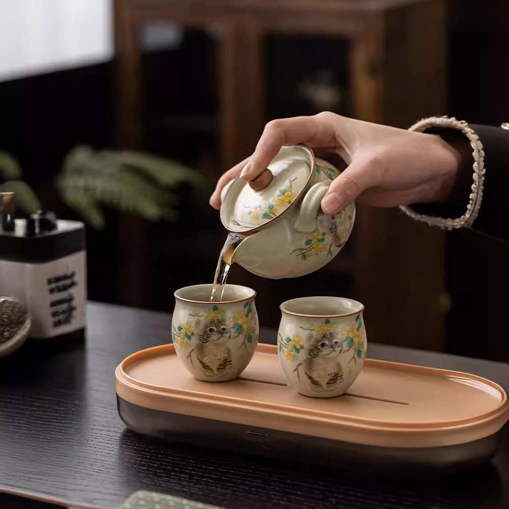 米黄汝窑猫咪旅行茶具便携户外陶瓷一壶二杯防烫功夫泡茶壶茶杯子