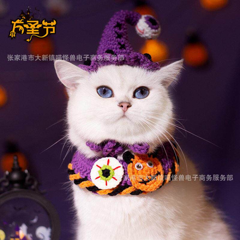 跨境亚马逊万圣节猫咪狗狗手工编织围脖帽子鬼节装饰南瓜幽灵配饰