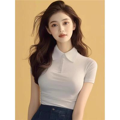 白色翻领针织短袖polo衬衫女士夏季欧货休闲 辣妹紧身T恤短款上衣