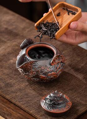 紫紫砂ZSCHA254祥龙浮雕手抓茶壶复古壶手工单陶壶茶具不烫手泡过
