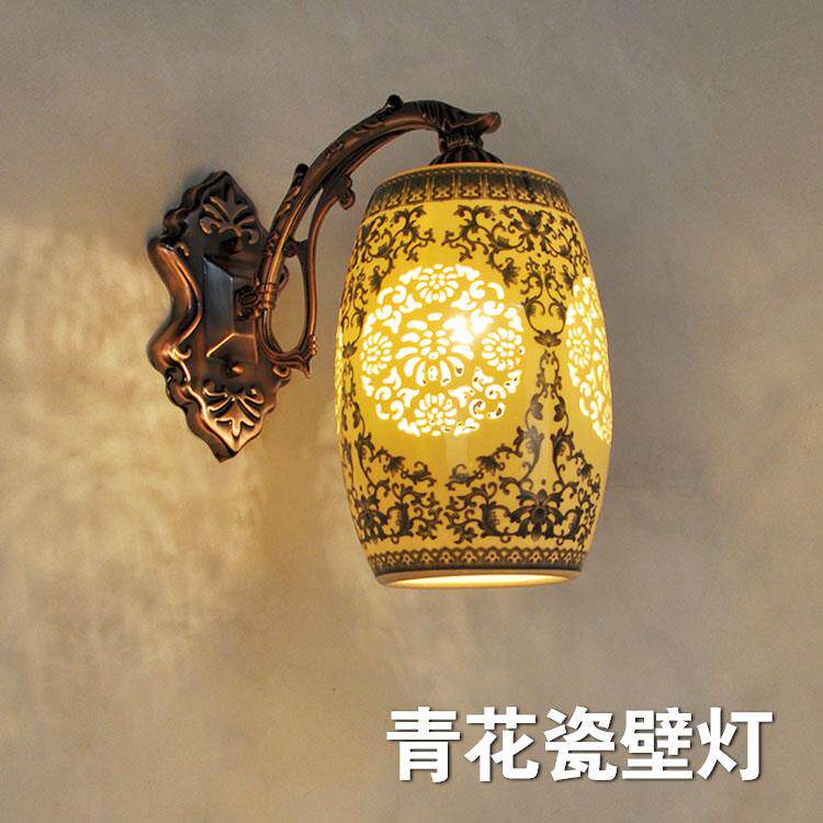 中式陶瓷青花壁灯现代景德镇卧室床头灯仿古客厅玄关过道书房壁灯