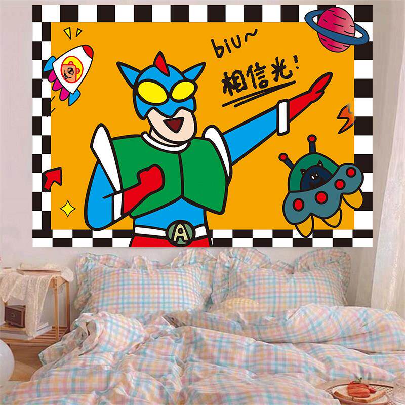 咸蛋超人蜡笔小新卧室装饰床头背景布卡通挂布儿童房布置墙布