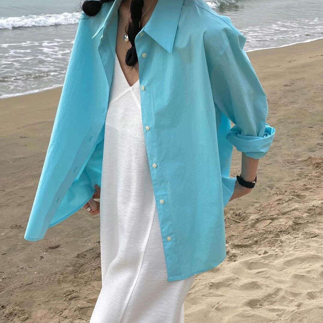 NextMary简约湖蓝色长袖衬衫女外搭春季洋气衬衣宽松显瘦上衣休闲