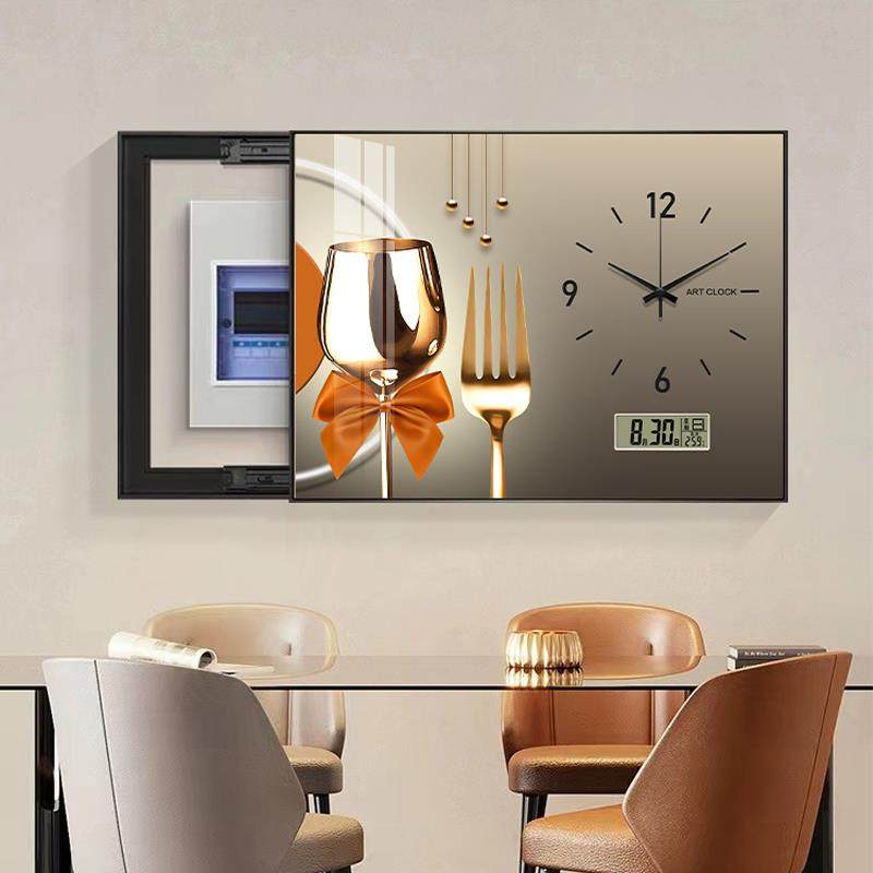 现代轻奢电表箱装饰画带钟表免打孔2024新款电闸盒配电箱遮挡