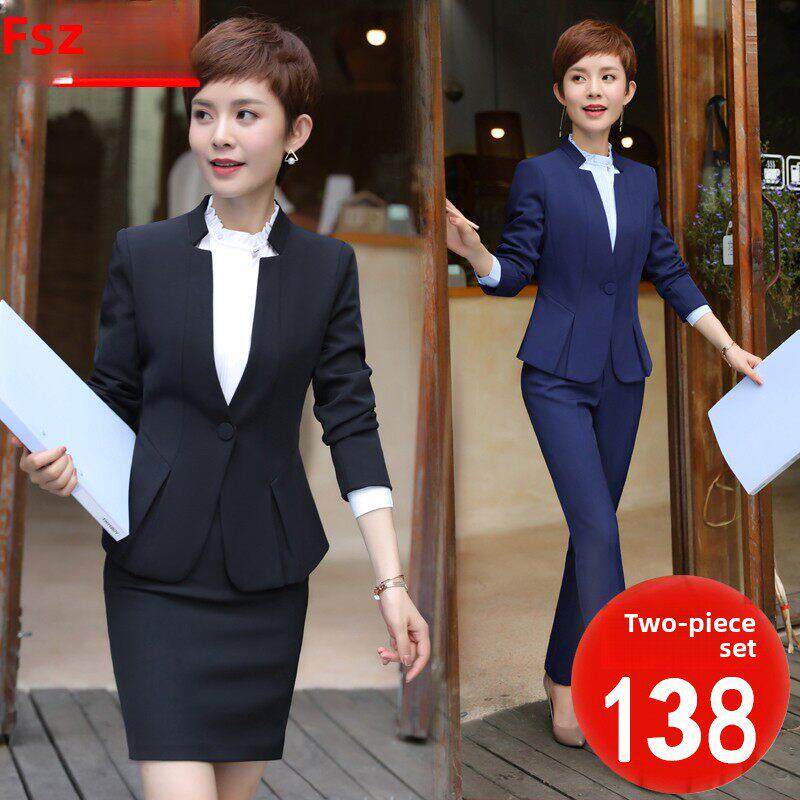 职业装正装立领西服套装女秋冬ol韩版修身办公室酒店前台工作制服