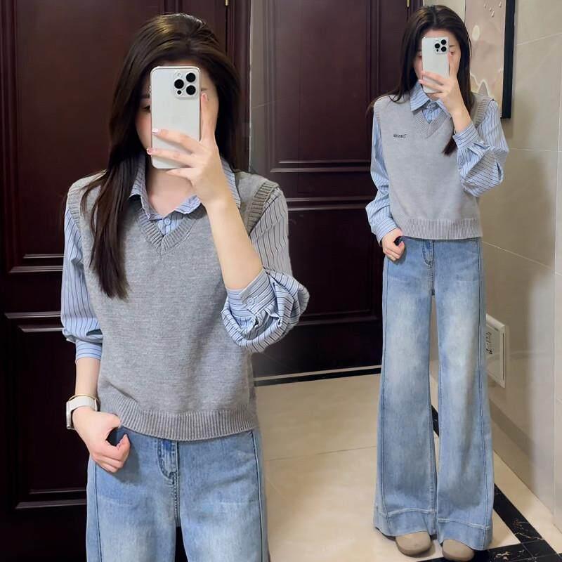 假两件条纹拼接针织马甲女2025春秋新款小个子宽松显瘦POLO领上衣