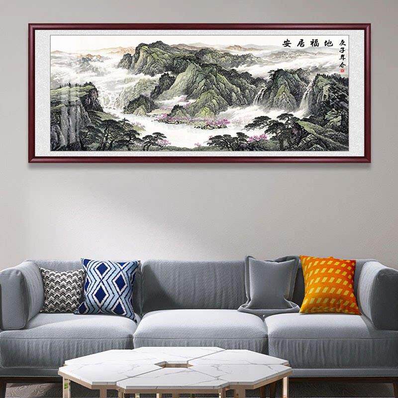 山水画客厅挂画纯手工绫布聚宝盆国画办公室新中式沙发背景装饰画