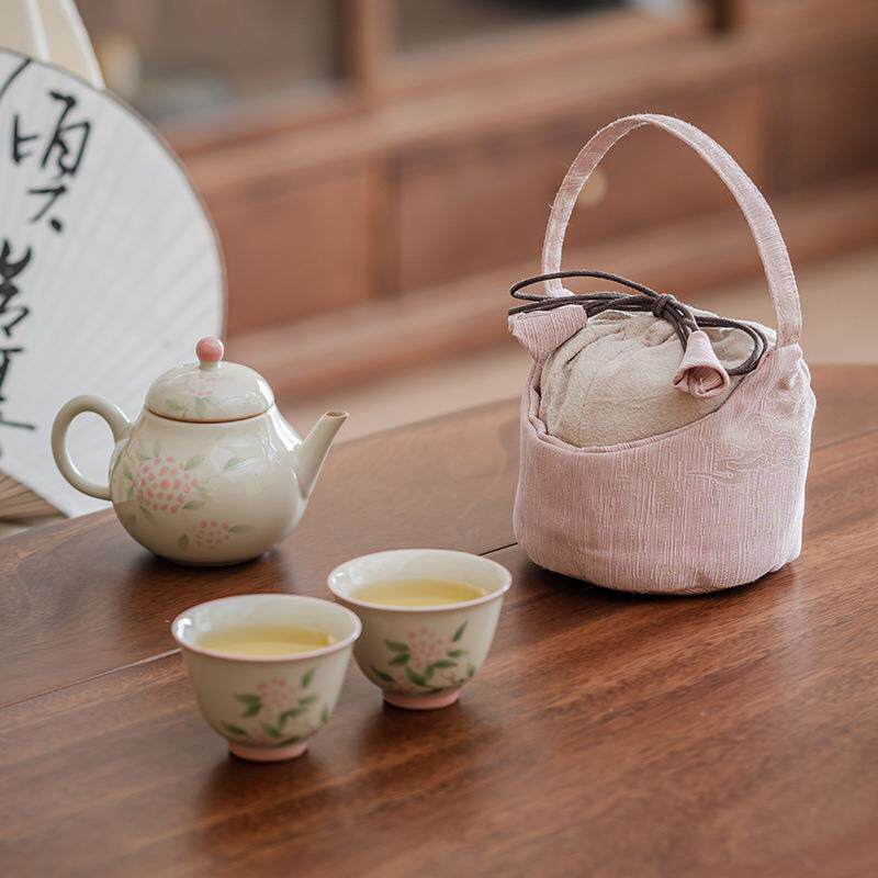 冰台手绘绣球陶瓷梨壶玻璃茶杯便携收纳袋防烫功夫茶具套装布袋