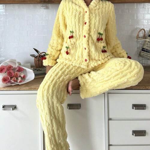 Women Flannel Pajama Set Sweet Winter Warm Wear Loungewear