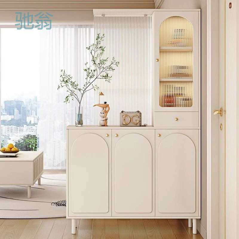 客厅入户玄关柜家用高酒柜玻璃鞋柜屏风一体奶油风现代玄关隔柜子