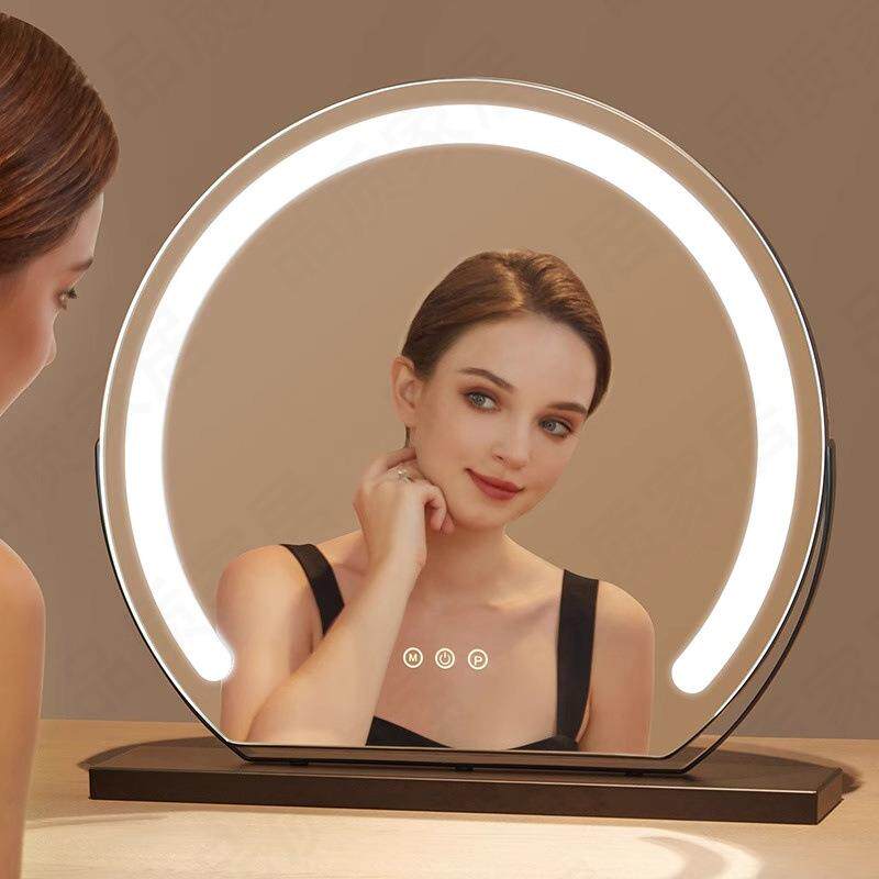 桌面德国充电新款镜子台式半圆可旋转化妆镜带灯大卧室梳妆台补光