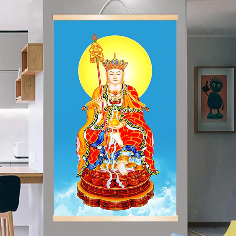 高清庄严地藏王菩萨画像挂画佛堂家用堂屋供奉佛像画实木轴装饰画