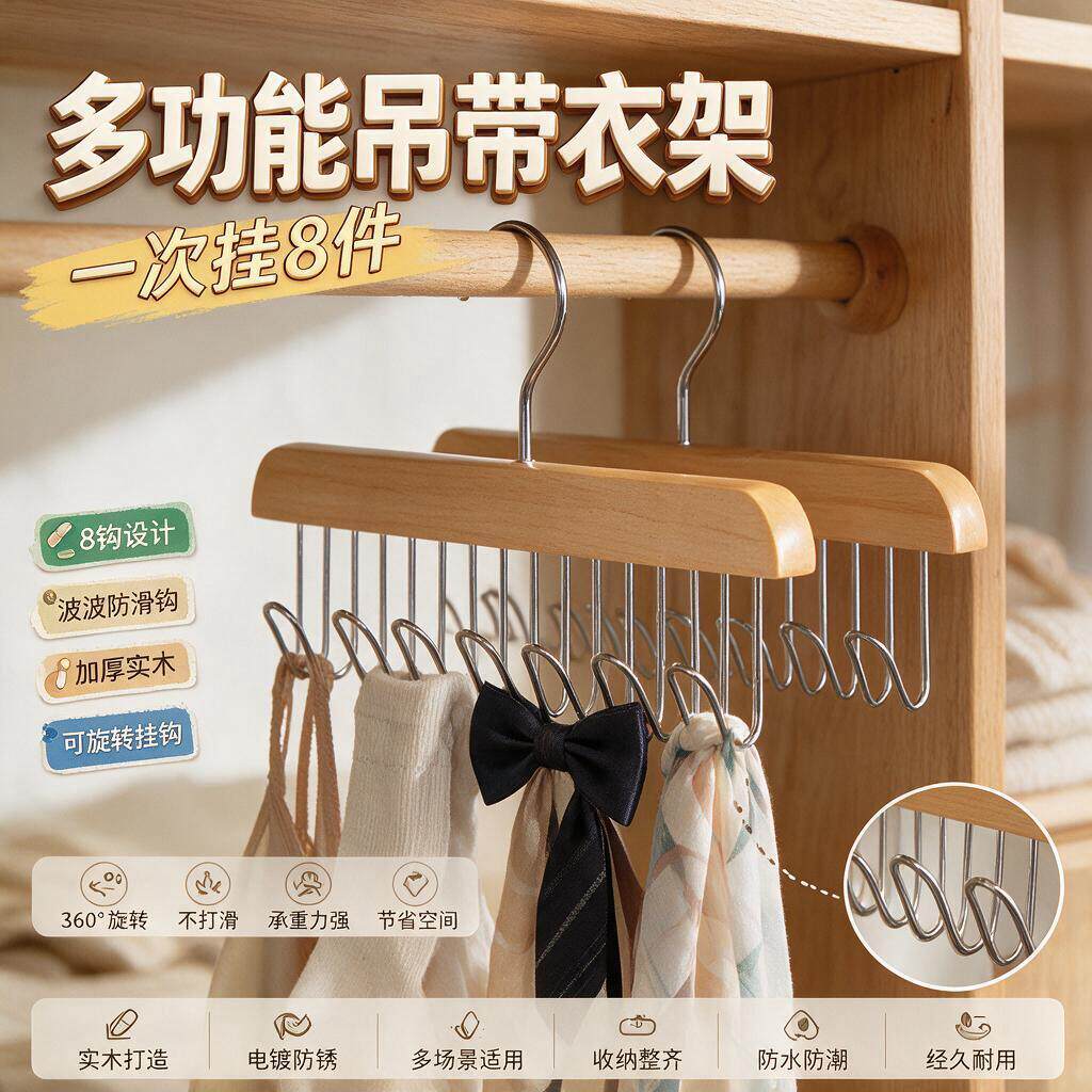 收纳挂钩木质吊带衣架多功能内衣背心神器家用宿舍实木波浪晾衣架