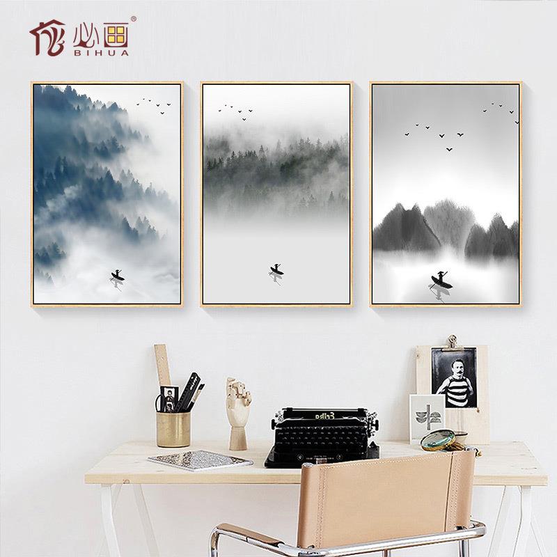 新中式山水墨抽象餐厅装饰画卧室床头挂画客厅沙发背景墙三联壁画