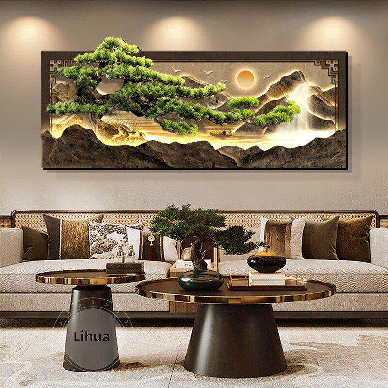 流水生财新中式客厅装饰画迎客松茶室山水画高级感沙发背景墙挂画