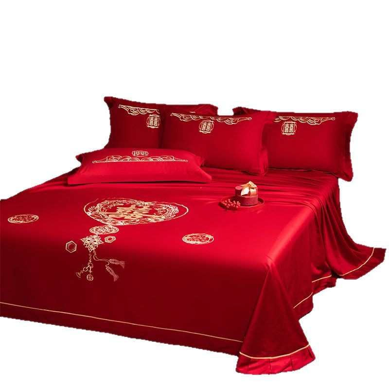 80长绒棉支刺绣床单陪嫁单单件结婚三件套床上送礼枕套大红色品