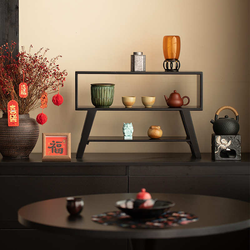 中式实木桌面多宝阁收纳盒茶杯置物博古架茶具挂墙黑胡桃木展示柜