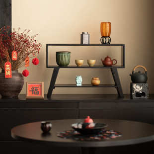 中式实木桌面多宝阁收纳盒茶杯置物博古架茶具挂墙黑胡桃木展示柜