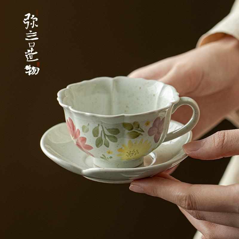 弥言复古粗陶咖啡杯带杯垫整套创意家用高档带手把花茶杯咖啡套装