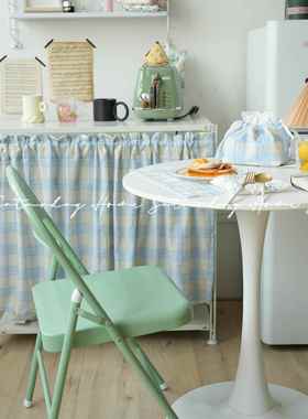 SaturdayHome奶蓝格子窗帘卧室ins风韩系隔断帘清新门帘