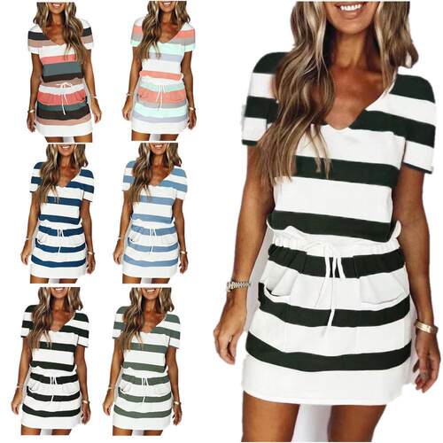 New Summer Casual Wear Striped V-Neck Beachwear Dress with