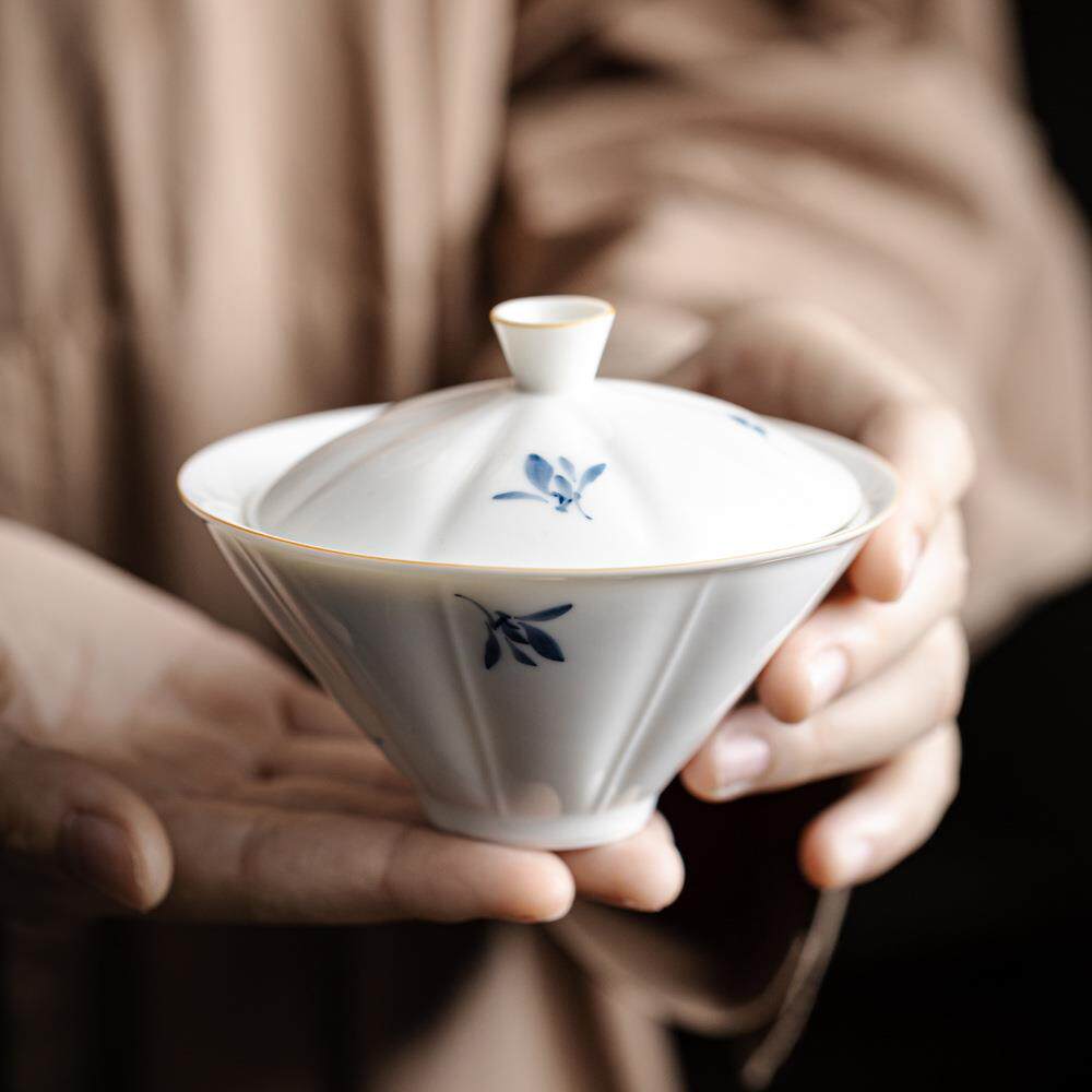 泥人述 玉泥手绘兰心斗笠盖碗 釉下彩手作蝴蝶兰二才家用泡茶碗