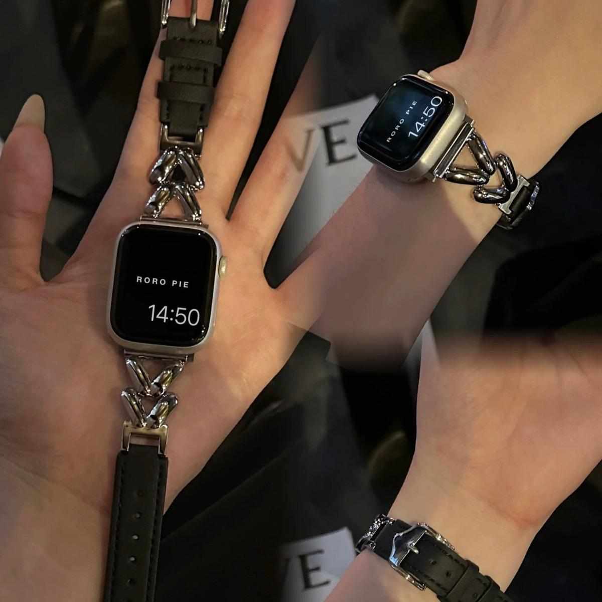 高级感小众金属爱心拼接真皮适用苹果8手表表带iwatch76543百搭s9