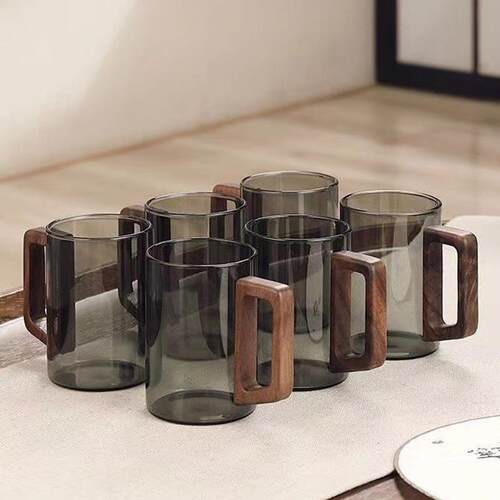 高颜值玻璃水杯家用客厅墨语杯耐高温茶杯套装待客透明木把杯子