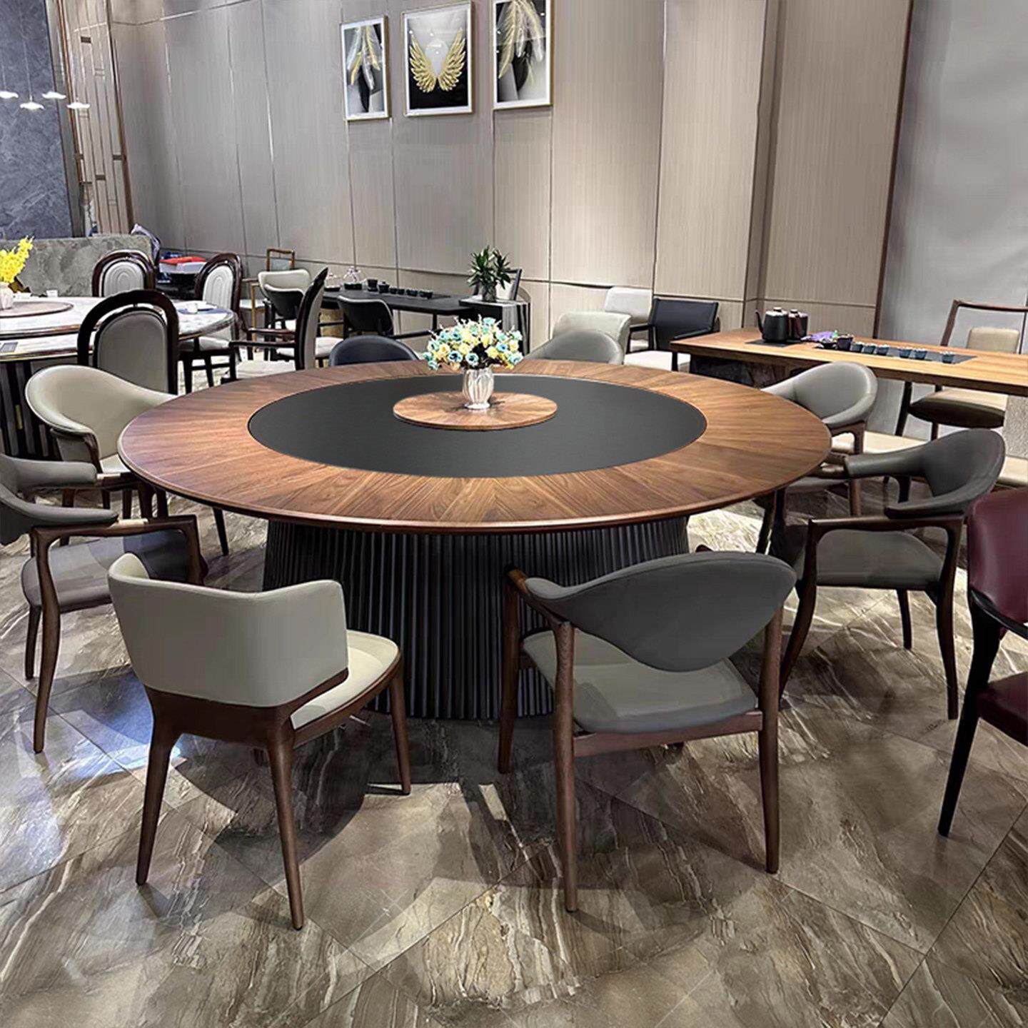 新中式酒店电动大圆桌15人20人岩板镶嵌转盘餐桌餐桌包厢火锅圆桌