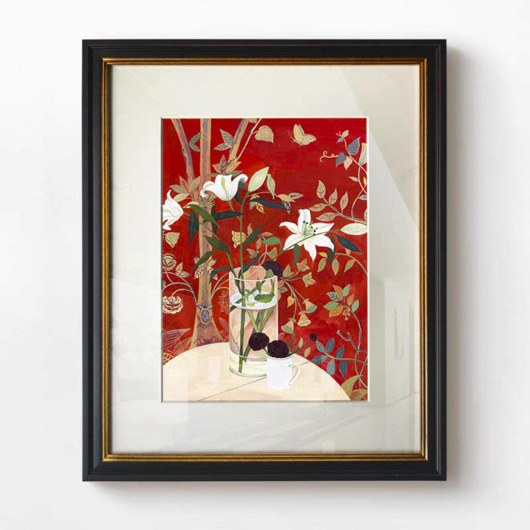 手绘水彩装饰画轻奢餐厅花卉卧室挂画边柜摆画美式复古壁画轻奢风