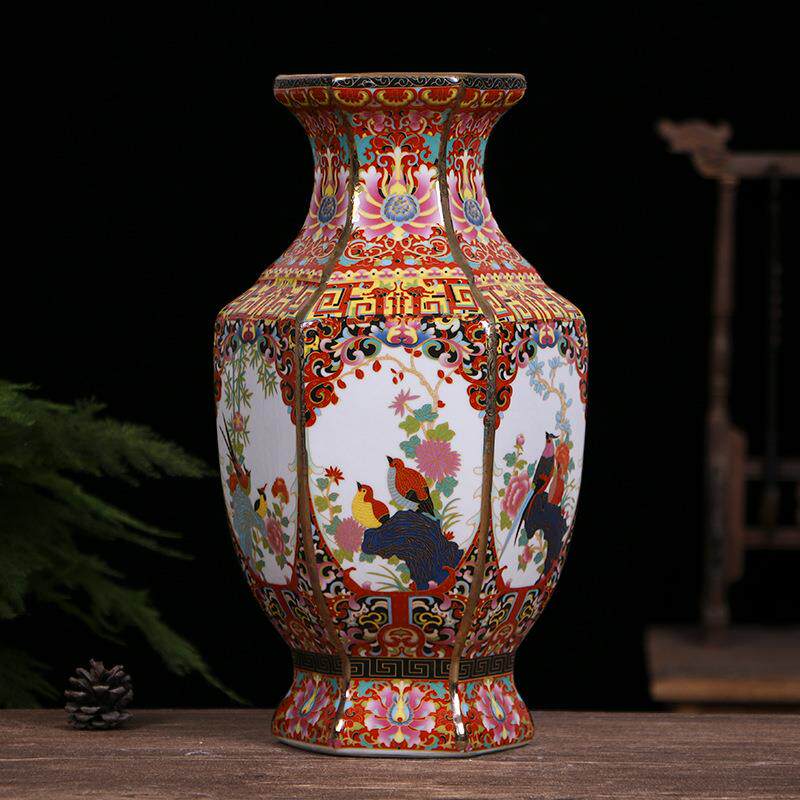 景德镇陶瓷花瓶仿古中式瓷器装饰品摆件工艺品琅彩锦鸡六方瓶