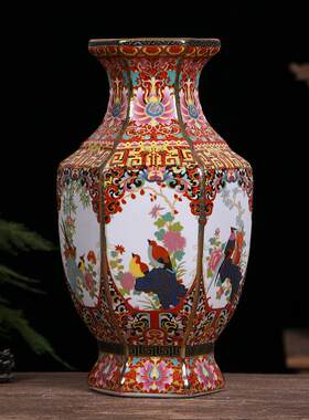 景德镇陶瓷花瓶仿古中式瓷器装饰品摆件工艺品琅彩锦鸡六方瓶