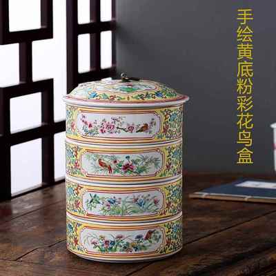 高档瓷零器景德镇陶瓷青式花瓷三层食罐美欧式式摆件样板中房糖果