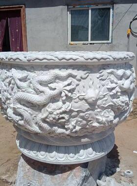 汉白玉九龙缸石雕鱼缸庭院造景聚财白色大理石龙之九子流水缸摆件
