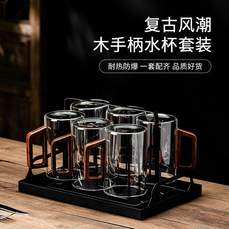 高档水杯家用套装大容量玻璃杯耐高温办公室绿茶杯待客带把喝水杯