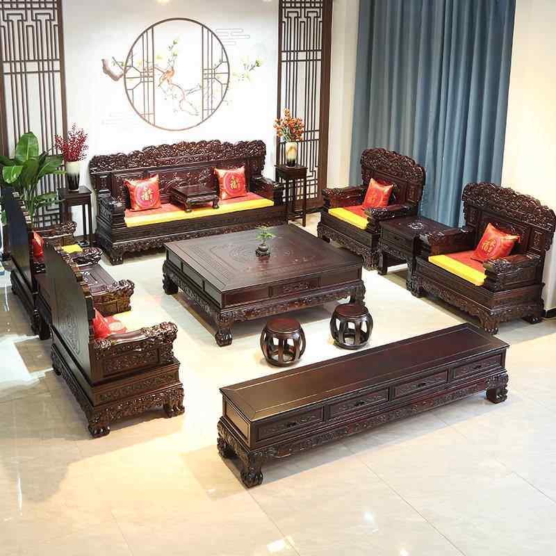 中国古典实木沙发组合别墅客厅红木家具全套明清古董雕花沙发