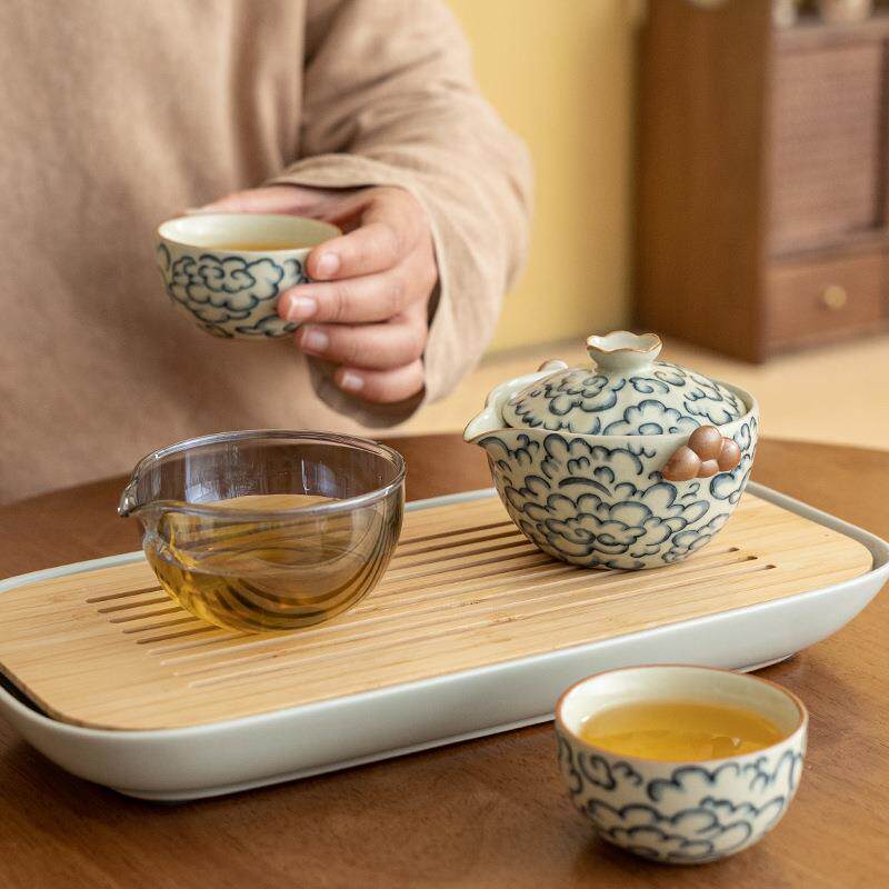 汝窑祥云快客杯一壶两杯旅行茶具套装便携式一壶两杯饮户外小套组