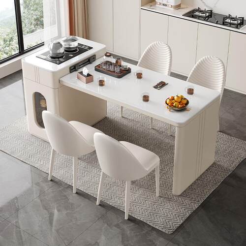 奶油风岛台餐桌茶台一体小户型可伸缩家用岩板茶桌现代简约导台