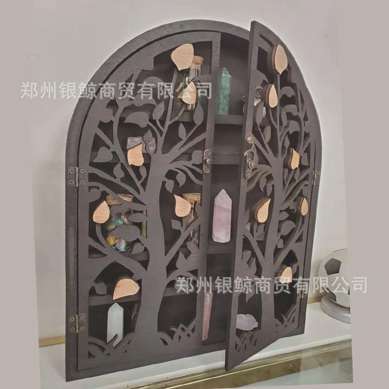 跨境新款生命树水晶置物架木质壁挂工艺品水晶展示架开合式水晶架