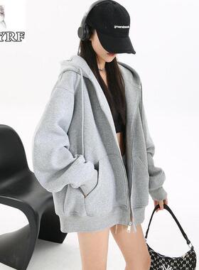 LYQ YRF早秋外套宽松灰色连帽开衫卫衣女春秋韩系慵懒chic风上衣