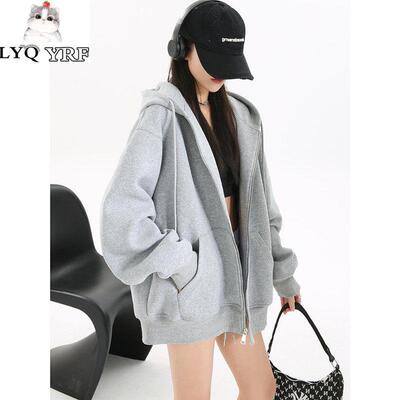 LYQ YRF早秋外套宽松灰色连帽开衫卫衣女春秋韩系慵懒chic风上衣