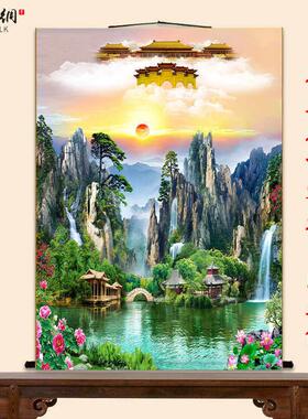 仙家画堂口画天宫仙境无活物壁画墙贴小桥亭子山水风景装饰画挂画