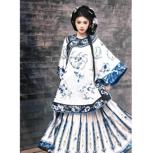 清汉女清朝服装圆领斜襟青花瓷蓝色汉服马面裙套装宅门晋商少奶奶