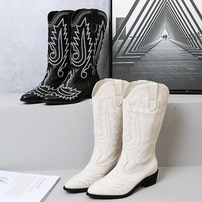 Women Mid Calf Western Boots Cowboy Pointed Toe Knee High Pu