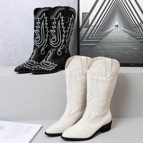 Women Mid Calf Western Boots Cowboy Pointed Toe Knee High Pu