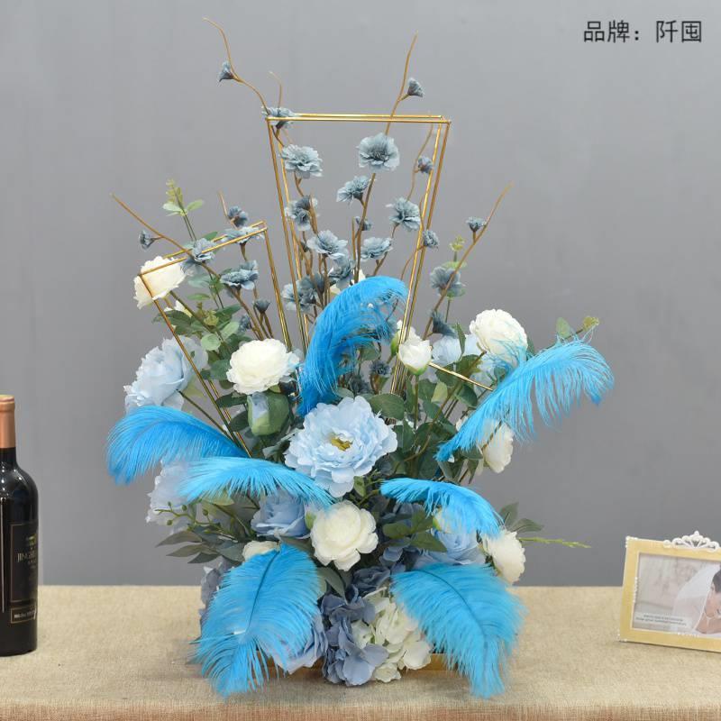 电镀三柱桌花仿真绢花摆设酒店酒吧ktv台面装饰布置羽毛花艺摆件